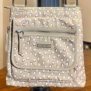 Tyler Rodan Crossbody Bag With Tan and White Polka Dot Pattern